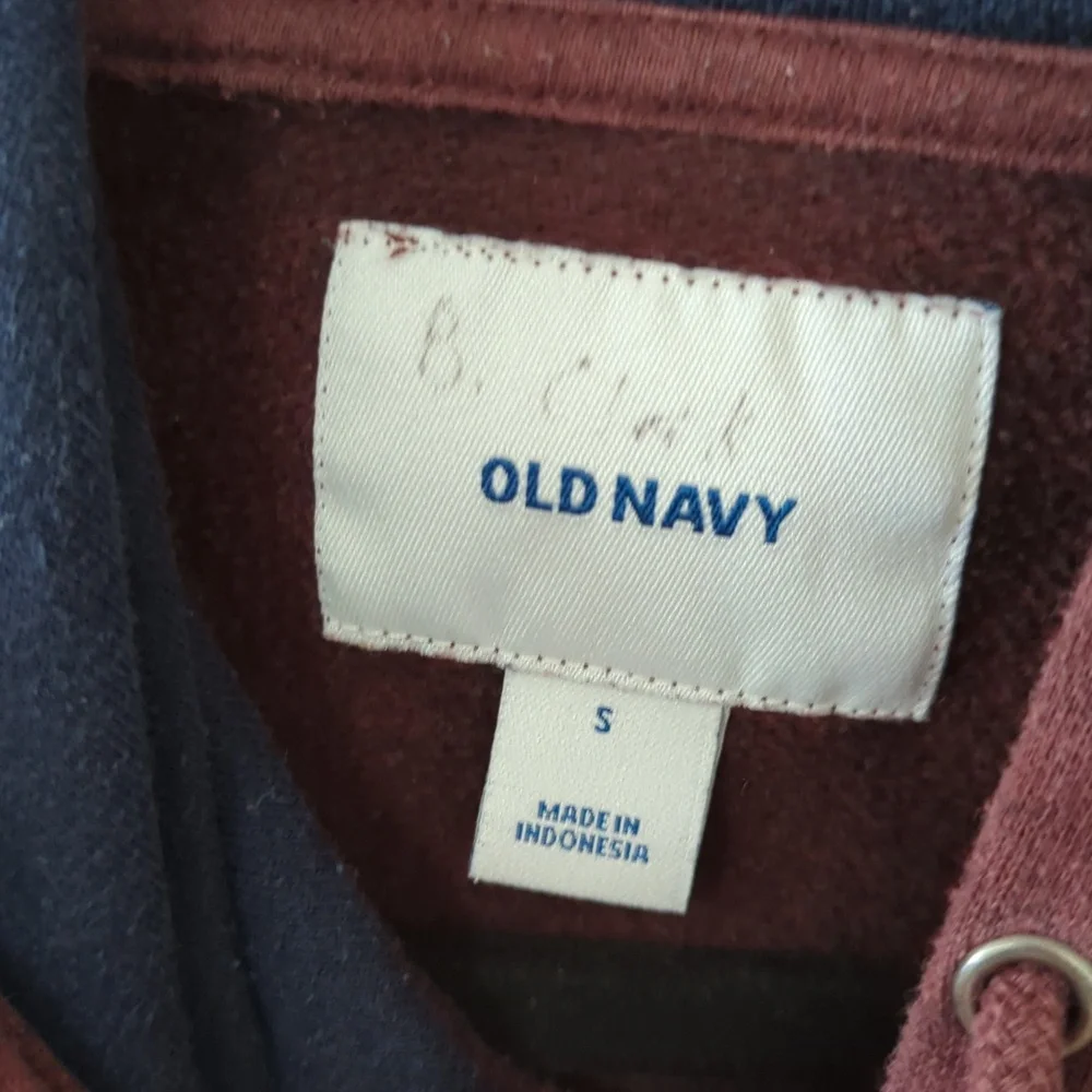 Old Navy Men's Hoodie Maroon Gray Blue Ringer Sleeves Kangaroo Pocket Size S